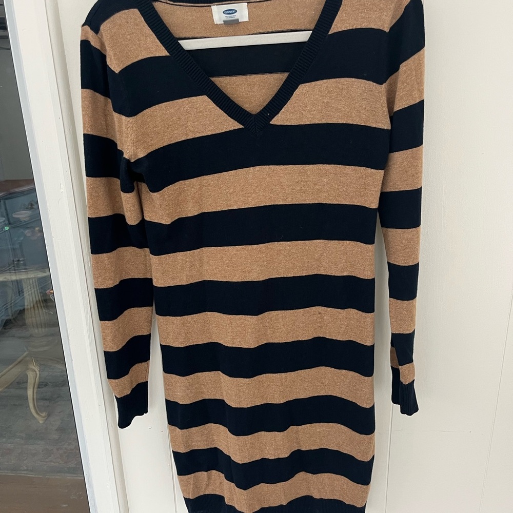 Old Navy Black and Tan Striped Long Sleeve Dress